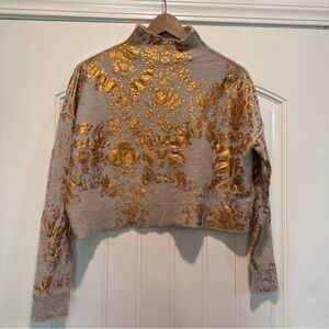 Pilcro Beige Cashmere Cropped Sweater with Gold Floral Accents
